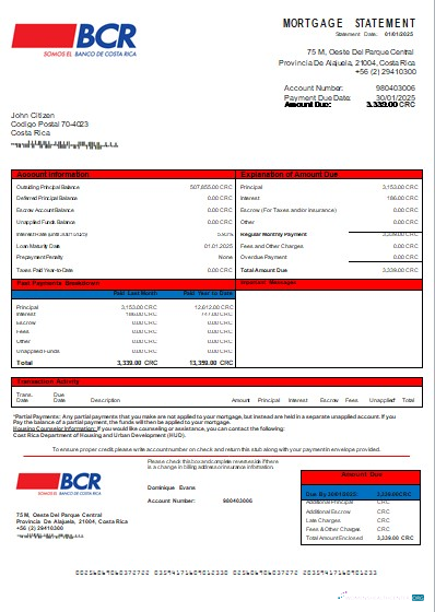 Download Costa Rica The Bank of Costa Rica bank mortgage statement scr Photoshop template